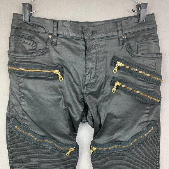 Robins Jean Mens Pants 33x30 Black Zippers Moto Slim Faux Leather L-Flap Biker - Picture 2 of 16